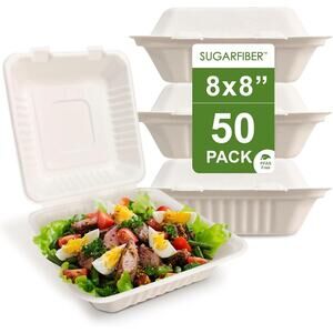50 Pack 8x8 Compostable Clamshell Food Containers PFAS Free Bagasse Hinged Box